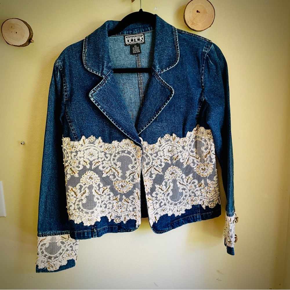 Berek 2 by Takako Sakon Blue Denim Jacket with White Lace and Bead Accents